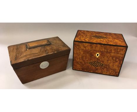 A burr walnut and parquetry inlaid two section tea caddy (with Mark Sullivan of London invoice date 18.07.2002 for £220) toge