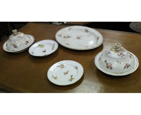 A composite floral spray decorated dinner service with blue and gilt line border including thirteen Sèvres soup bowls with bl
