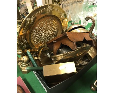 A collection of various metalwares to include table bell, brass cased aneroid barometer, brass alms dish decorated in the Cel