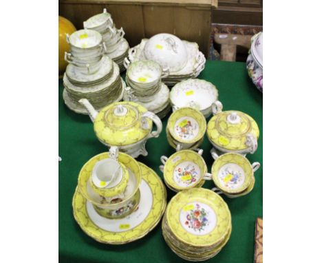 A Cauldon Limited tea set, pink and green floral decorated with bird (No. 7052), together with a yellow ground floral decorat