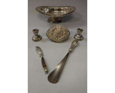 A George V silver fruit bowl with beaded rim raised on an oval foot (by Atkin Brothers, Sheffield 1919) 13.03 oz together wit