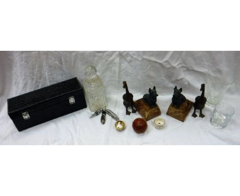 A box of sundries to include Caithness Crystal decanter with bottle opener, stoppers etc in a simulated crocodile skin case, 