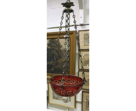 A circa 1900 ruby overlaid cut glass ceiling light shade on chain supports