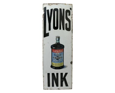 'Lyons Ink' an enamelled metal advertising sign, printed by the Patent Enamel Company Ltd, Birmingham, 91.5 x 30.5cm. 