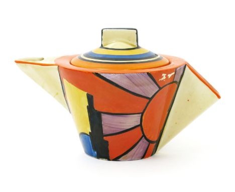 'Sunray' a Clarice Cliff Bizarre Conical teapot and cover, painted in colours printed factory marks, paint flakes,  12cm. hig