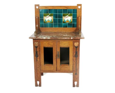A marble topped oak wash stand possibly retailed by Liberty & Co,  with tile back, red and white veined marble top, the back 