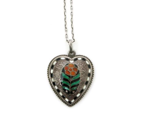 A continental silver and enamel pendant probably designed by Herman Haussler for Theodore Fahrner,  the heart-shaped panel en