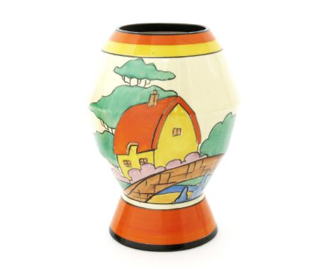 'Orange Roof Cottage' a Clarice Cliff Fantasque Bizarre 365 vase, painted in colours between orange, yellow and black bands, 