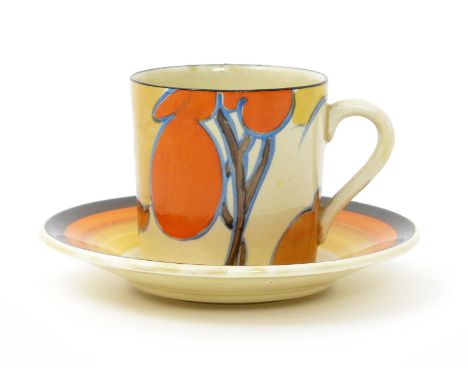 'Orange Autumn' a Clarice Cliff Fantasque Bizarre Tankard coffee can and saucer, painted in colours printed factory marks, 6.