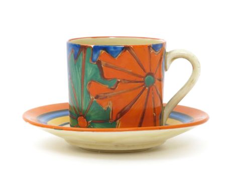 'Umbrellas and Rain' a Clarice Cliff Fantasque Bizarre Tankard coffee can and saucer, painted in colours printed factory mark