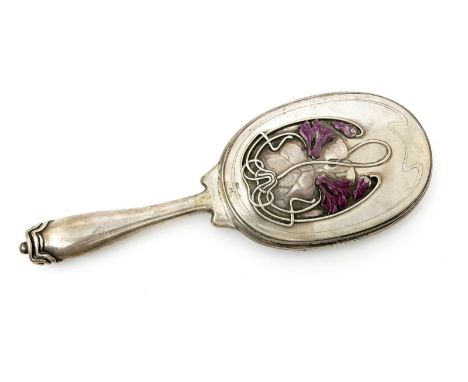 A Russian silver and enamel hand mirror, the back cast in low relief with cyclamen stems, enamelled purple, stamped marks, 90