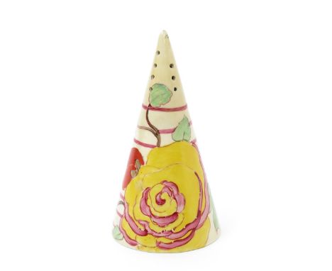 'Damask Rose' a Clarice Cliff Bizarre Conical sugar sifter, painted in colours printed factory mark, professionally restored 