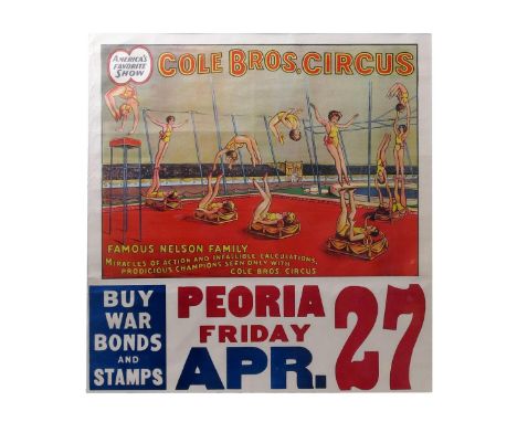 Famous Nelson Family a Cole Brothers Circus poster, lithograph in colours, printed with  the Nelson Family performing acrobat