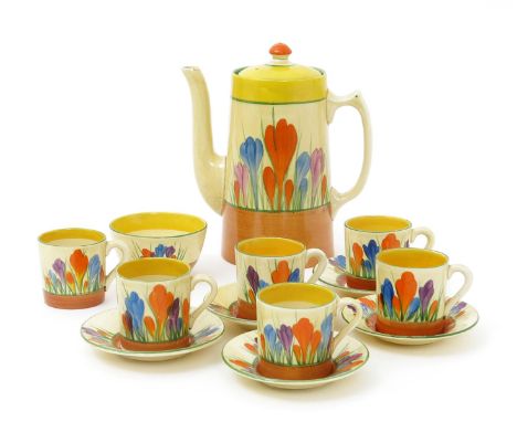 'Crocus' a Clarice Cliff Bizarre Tankard coffee set for six,  painted in colours, comprising Tankard coffee pot and cover, su