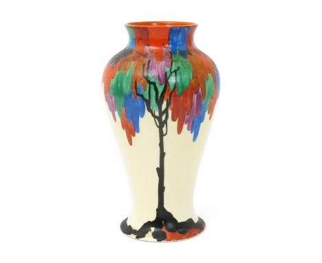 'Latona Tree' a tall Clarice Cliff Bizarre Mei Ping vase, painted in colours on a Latona ground, printed and painted marks, 3