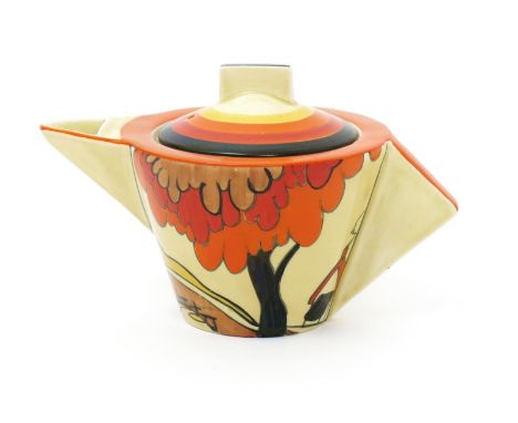 'House and Bridge' a Clarice Cliff Bizarre Conical teapot and cover, painted in colours, the cover with black, red, orange an