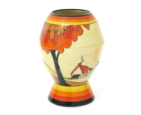 'House and Bridge' a Clarice Cliff Fantasque Bizarre 365 vase,  painted in colours between yellow, orange, red and black prin