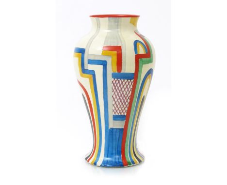 'Tennis' a tall Clarice Cliff  Bizarre Mei Ping vase, painted in colours, the top rim with coral red band to interior, printe