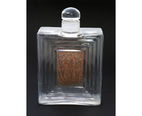 'Duncan' a Lalique clear glass scent bottle designed by Rene Lalique, sepia staining, stencil R Lalique to base, 19cm. high