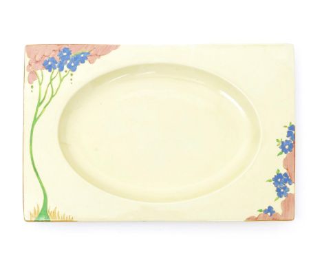 A large Clarice Cliff Bizarre Biarritz serving platter,  painted with a stylised slender tree and flowers to the shoulder, in