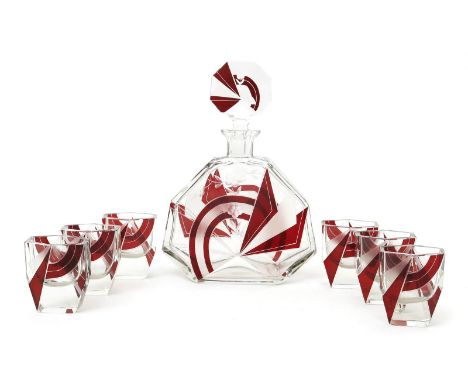 An Art Deco cut and enamelled glass decanter and six glasses,  faceted form, enamelled with red panels and polished with flow