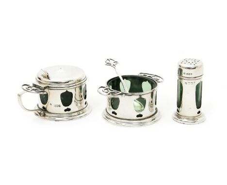 A William Hutton & Sons silver cruet set designed by Kate Harris, comprising mustard pot with hinged cover, pepper pot, salt 