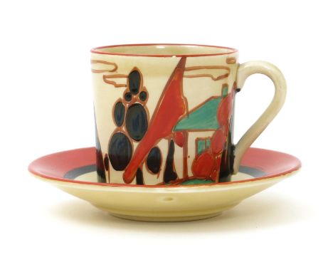 'Red Trees and House' a Clarice Cliff Fantasque Bizarre Tankard coffee can and saucer, painted in colours, printed factory ma