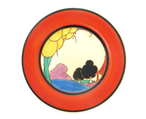 'Summerhouse' a Clarice Cliff  Bizarre plate, painted in colours inside coral red and black bands, printed factory marks, 25c