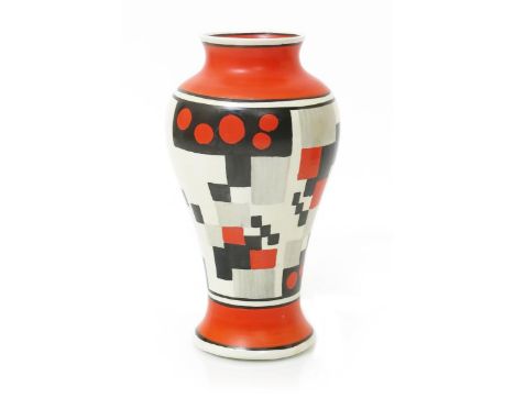 'Red Cafe' a rare Clarice Cliff Bizarre Mei Ping vase, painted in red, grey and black between coral red bands printed factory
