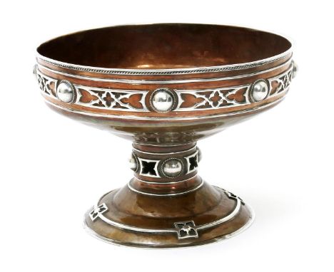 A rare Arts and Crafts copper and white metal footed chalice bowl by William Hair Haseler,  model no.2729, stepped domed foot