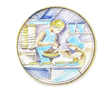 An unusual Arabia pottery wall plate by Toini Muona, dated 1932, painted possibly with a self-portrait at the wheel,   workin