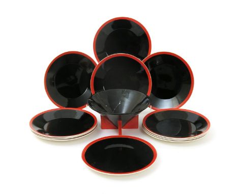 'Yoo Hoo' a Clarice Cliff Conical bowl, painted in shades of black and red enamel, and eleven Yoo Hoo plates, printed factory