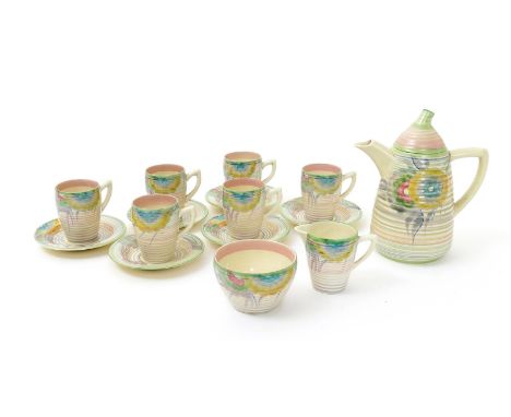 'Sundew' A Clarice Cliff Bizarre Lynton coffee set for six, painted in colours, comprising coffee pot and cover, milk-jug and