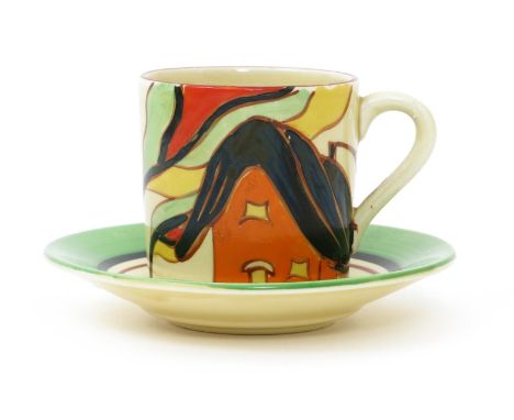 'Orange House' a Clarice Cliff Fantasque Bizarre Tankard coffee can and saucer,  painted in colours printed factory marks, 7c