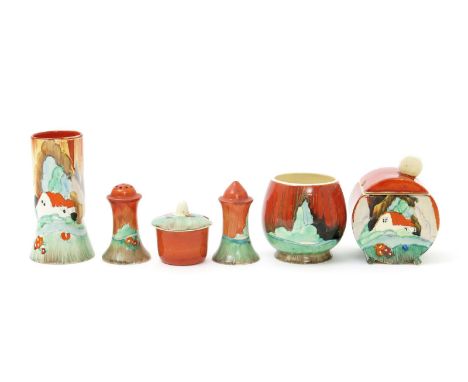 'Forest Glen' a Clarice Cliff cruet set, painted in colours,  comprising, salt and pepper pots, mustard pot and cover and a B