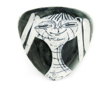 A Richard Parkinson Pottery dish designed by Susan Parkinson,  triangular section, painted with a schoolgirl portrait, in sha