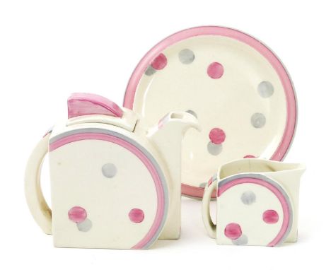 'Pink Dots' a Clarice Cliff Bizarre Stamford  part tea set, comprising Stamford teapot and cover, circular stand and Stamford