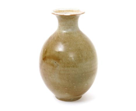 An earthenware vase by Otto Lindig, hand-thrown ovoid form with everted rim, covered in a streaked silver-grey and oatmeal gl