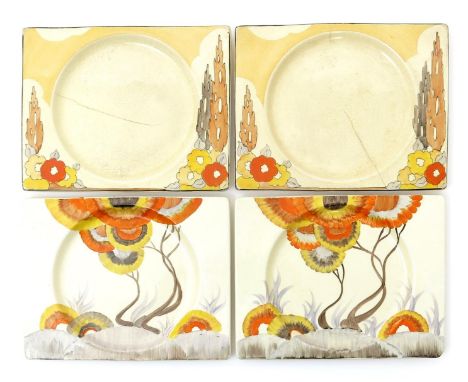 'Rhodanthe' a pair of Clarice Cliff Bizarre Biarritz plates,  painted in colours, two other Biarritz 'plates and a modern vas