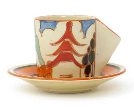 'Kew' a Clarice Cliff Bizarre Conical coffee can and saucer, painted in colours printed factory marks, 6.5cm. high (2)