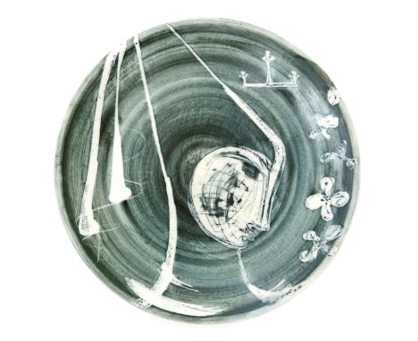 A rare Richard Parkinson Pottery Queen wall plate designed by Susan Parkinson, from the Chess Series,  painted in resist and 