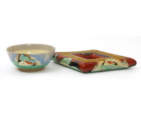 'Forest Glen' a Clarice Cliff flower trough table centrepiece, diamond section, painted in colours, and a Clarice Cliff Bizar
