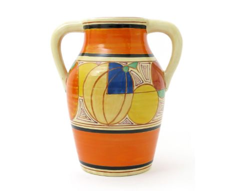 'Melon' a Clarice Cliff Fantasque Bizarre twin-handled Lotus jug, painted in colours between black and orange bands, printed 