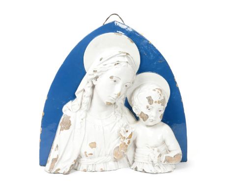 A Della Robbia style architectural panel by Cantagalli, modelled in relief with the Madonna and Child, glazed in blue and whi