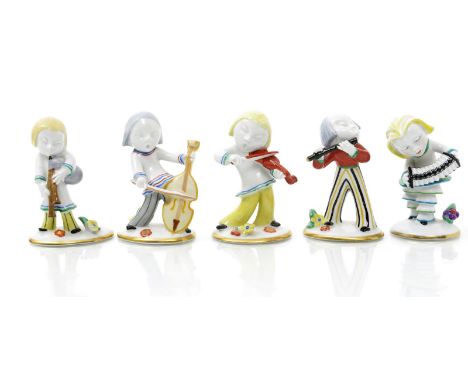 Five Metzler and Orloff porcelain figures of musicians designed by Walter Bosse,  modelled as young children playing flute, v