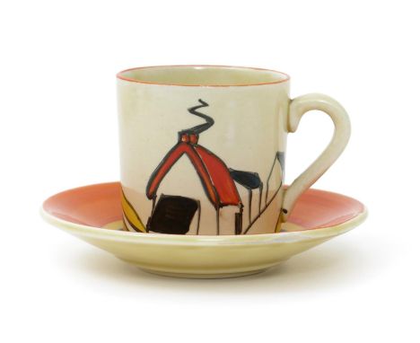 'House and Bridge' a Clarice Cliff Bizarre Tankard coffee can and saucer,  painted in colours printed factory mark, 6.5cm. hi