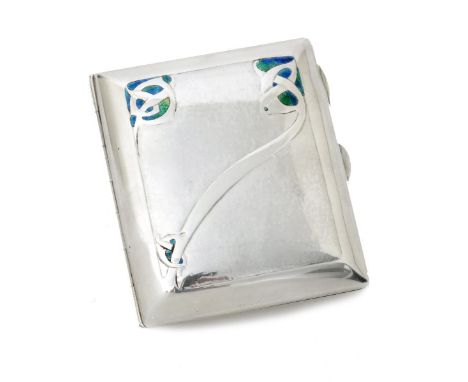 A Liberty & Co silver and enamel case designed by Archibald Knox, rectangular with hinged cover, cast in low relief with Celt