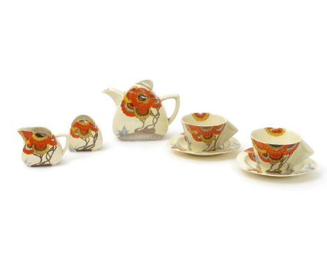 'Rhodanthe' a Clarice Cliff Bizarre Trieste tea for two, painted in colours, comprising Trieste teapot and cover, milk-jug an