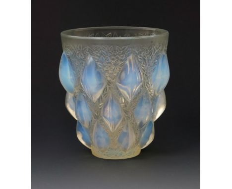 'Rampillon' no.991 a Lalique opalescent glass vase designed by Rene Lalique, wheel cut R Lalique France, 13 cm. high This vas