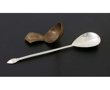 A Keswick School of Industrial Arts silver spoon,  tapered, hammered bowl, straight stem and bud terminal, and a Keswick Scho